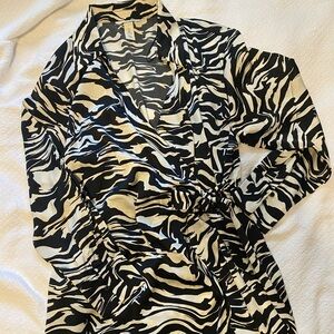 Black and white swirl mini wrap dress